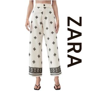 ZARA Ecru & Black High Waist Embroidered Detail Wide Leg Linen Trousers, Size M.